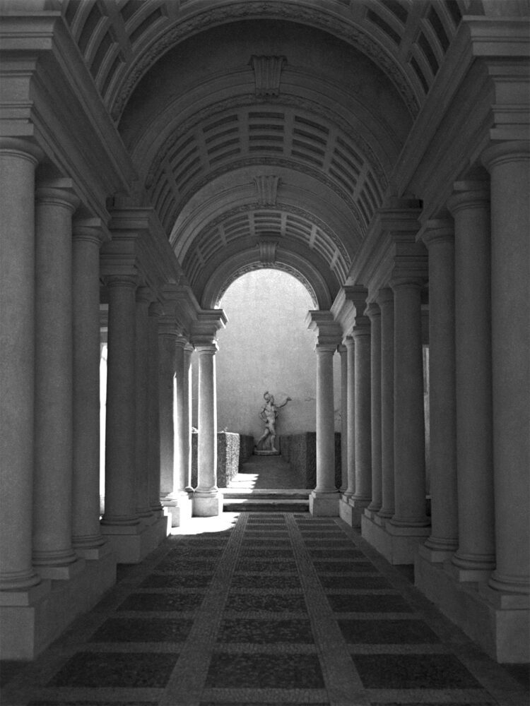 Stacey Lewis - London Architect - Film Photography – Rome, Italy Perspective Colonnade, Palazzo Spada, designed by Francesco Borromini (1652–53)