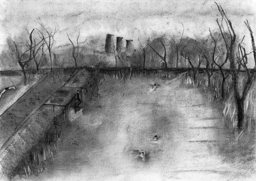 Stacey Lewis - London Architect. Post-Industrial Swimming, Imaginary Scene - 8 December 2022 - Charcoal on Heavyweight Cartridge Paper, 420mm x 297mm.